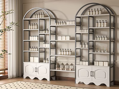 Modern Display Shelves with Arched Top Black Frame White Cabinet Base for Bottles Jars Boxes 3d model