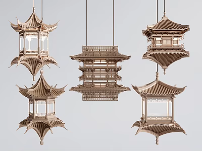 Traditional Chinese Pagoda Style Wooden Chandeliers With Intricate Multi Layer Design 3d model