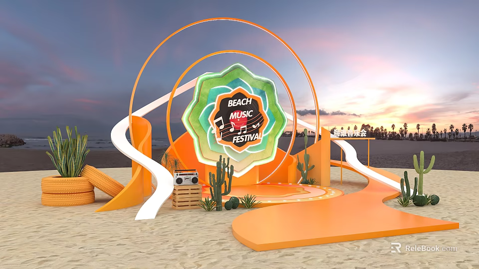 Beach Music Festival Photo Check in Spot With Circular Arch Sunset Cacti And Orange Platform 3d model 