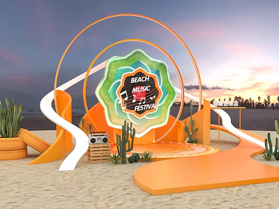 Beach Music Festival Photo Check in Spot With Circular Arch Sunset Cacti And Orange Platform 3d model
