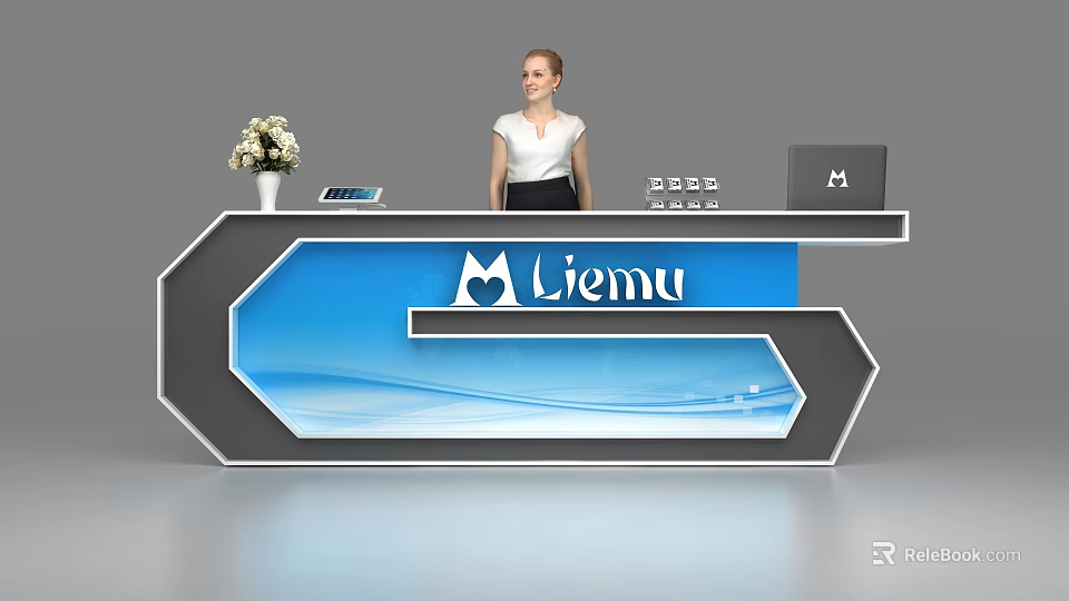Modern Reception Desk with Liemu Logo Blue Panel Staff Flower Vase Tablet And Laptop 3d model 