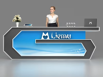 Modern Reception Desk with Liemu Logo Blue Panel Staff Flower Vase Tablet And Laptop 3d model