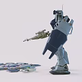 Detailed Blue Mecha Robot Model Holding Rifle Shield And Scattered Parts