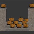 Decorative Fresh Pumpkins With Carved Smiling Faces Arranged On Stone Steps