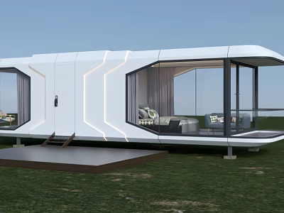 Modern White Space Capsule House With Large Glass Windows And Interior Sofa On Grass Field 3d model