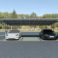 Solar Powered Parking Lot with Covered Shelter for Two Cars Surrounded by Greenery and Trees
