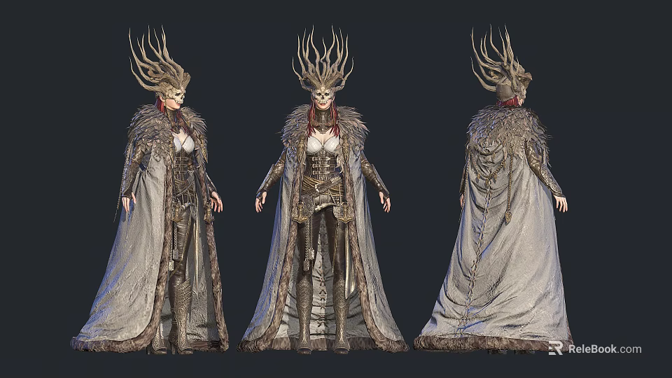 A Woman In Fantasy Armor With Antler Headdress Fur Trimmed Robe Front Side Back Views 3d model 