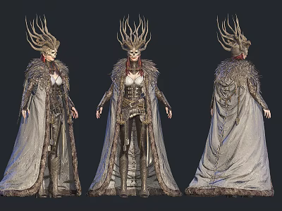 A Woman In Fantasy Armor With Antler Headdress Fur Trimmed Robe Front Side Back Views 3d model