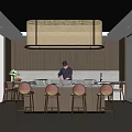 Modern Restaurant Open Kitchen With Chef At Bar Counter And Bar Stools 3d model