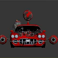 Futuristic Red Modified Car With Exposed Engine Side Exhaust Pipes And Top Device