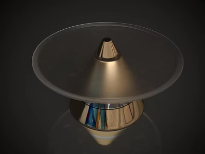Dining Table With Transparent Circular Top Shiny Metal Conical Base And Colorful Reflections 3d model