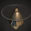 Dining Table With Transparent Circular Top Shiny Metal Conical Base And Colorful Reflections