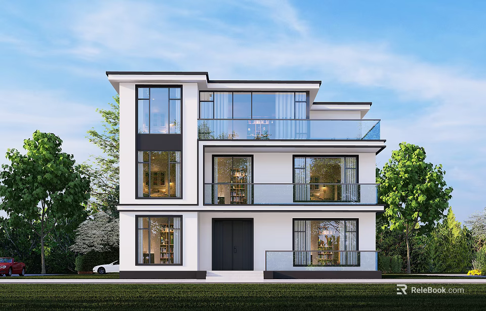 Modern Detached Villa Exterior Design With Large Windows Balconies And Green Trees 3d model 