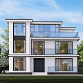 Modern Detached Villa Exterior Design With Large Windows Balconies And Green Trees