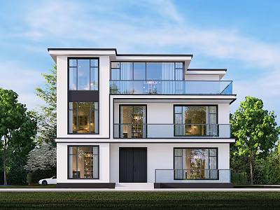 Modern Detached Villa Exterior Design With Large Windows Balconies And Green Trees 3d model