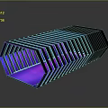 Cartoon Scene Showcasing Geometric Striped Structure With Purple Blue Lighting And Reflective Surface