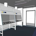 Modern Laboratory Interior With White Fume Hoods Blue Flooring White Walls And Cabinets
