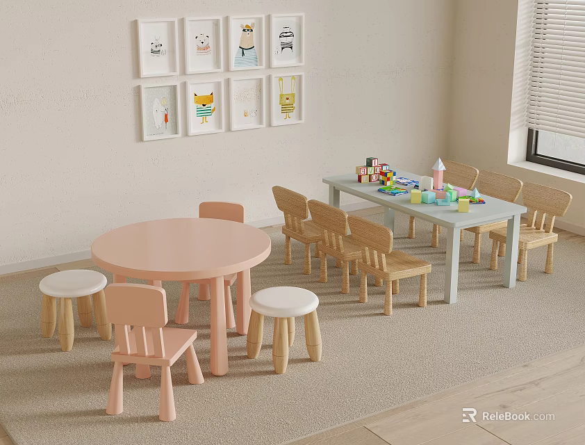 Wooden Children's Chairs With Round Table In Kids Play Area And Cartoon Art 3d model 