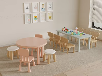 Wooden Children's Chairs With Round Table In Kids Play Area And Cartoon Art 3d model