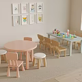 Wooden Children's Chairs With Round Table In Kids Play Area And Cartoon Art