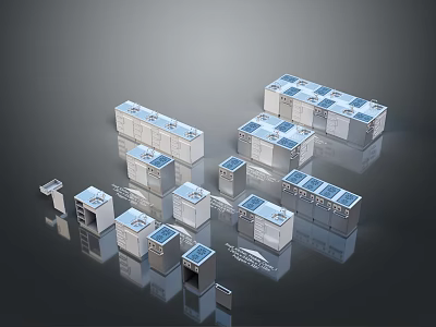 Modular Industrial Equipment with Blue Panels and Multiple Rectangular Units Arranged in Display Setup 3d model