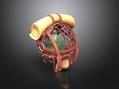 Household Items In Red Metal Mesh Basket With Yellow Cloth Roll Green Bottle Yellow Balls 3d model