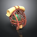 Household Items In Red Metal Mesh Basket With Yellow Cloth Roll Green Bottle Yellow Balls
