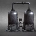 Industrial Metal Storage Tanks With Hazardous Materials Labels And Warning Signs