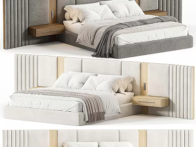 Modern Double Bed with Upholstered Headboard Pillows Blanket and Nightstand in Neutral Tones Design 3d model