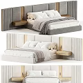 Modern Double Bed with Upholstered Headboard Pillows Blanket and Nightstand in Neutral Tones Design