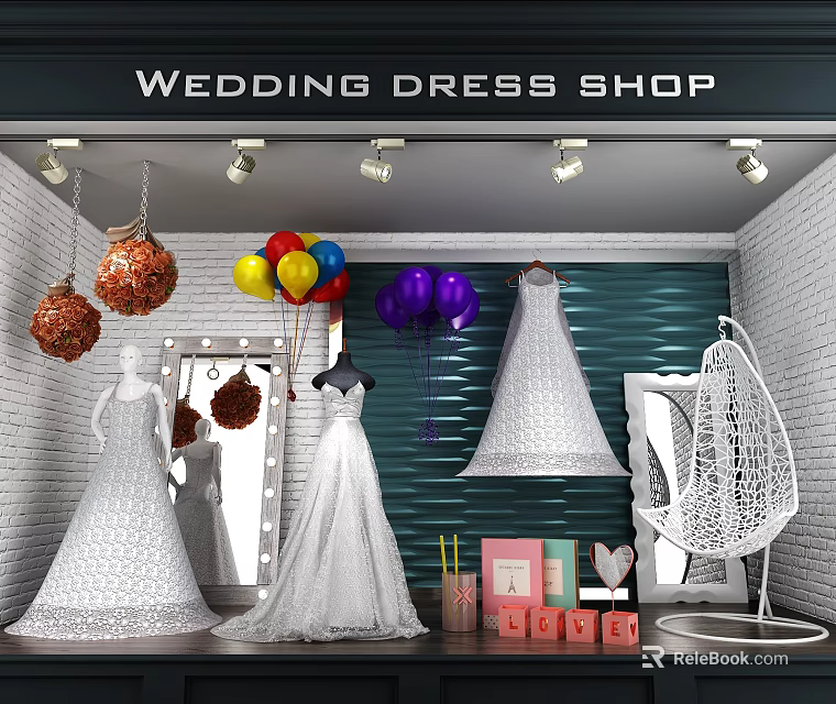 Wedding Dress Shop Interior Featuring White Wedding Dresses On Mannequins With Balloon And Mirror Decorations 3d model 