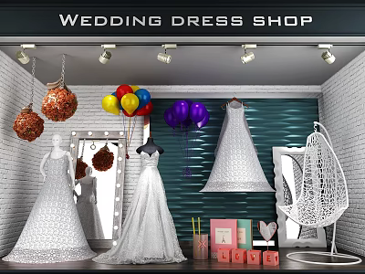 Wedding Dress Shop Interior Featuring White Wedding Dresses On Mannequins With Balloon And Mirror Decorations 3d model