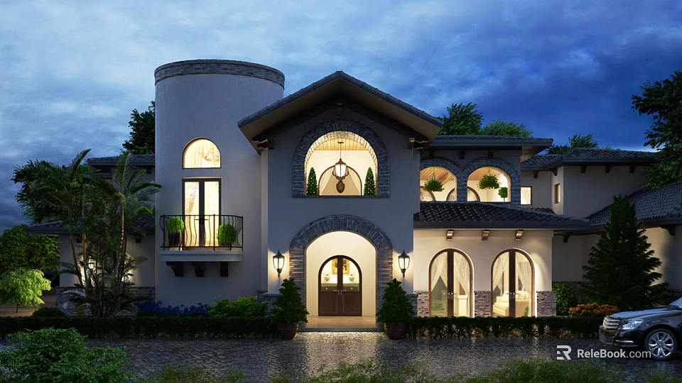 Mediterranean Style Detached Villa With Arched Windows Tower Illuminated Porch And Landscaping 3d model 