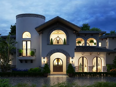 Mediterranean Style Detached Villa With Arched Windows Tower Illuminated Porch And Landscaping 3d model