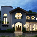 Mediterranean Style Detached Villa With Arched Windows Tower Illuminated Porch And Landscaping