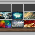 Multiple Flat Screen TVs Display Diverse Scenes On Wooden Shelf With Vibrant Screens