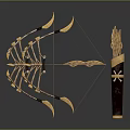 Ornate Golden Bow Weapon With Feathered Arrows And Decorative Arrow Quiver