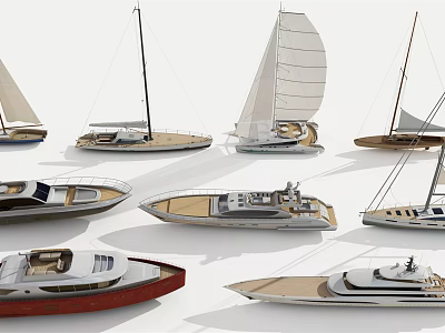 Various Sailboats With Raised Sails And Unique Hull And Deck Designs 3d model