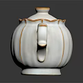 White Ceramic Teapot With Gold Trim Pumpkin Shape Scalloped Lid And Curved Handle