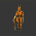 Orange Mechanical Robot Game And Movie Character With Antennae Holding Weapon