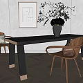 Modern Dining Table Set With Black Tabletop Wooden Legs Chairs And Vase With White Flowers