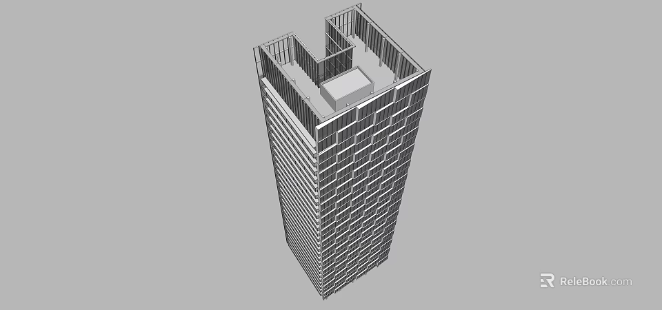 Modern High Rise Office Building With Grid Pattern Windows And Roof Terrace 3d model 