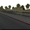 Stainless Steel Railing Along Waterfront Roadside With Stone Pavement And Green Trees