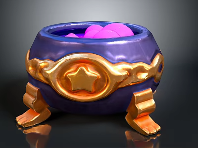 Ornate Blue Cauldron With Golden Star Design And Pink Orbs Inside 3d model
