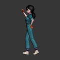 Woman wearing blue overalls and orange gloves gesturing with right hand standing on gray surface
