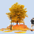 Vibrant Yellow Tree With Fallen Leaves Bench And Street Lamps Photo Check in Spot