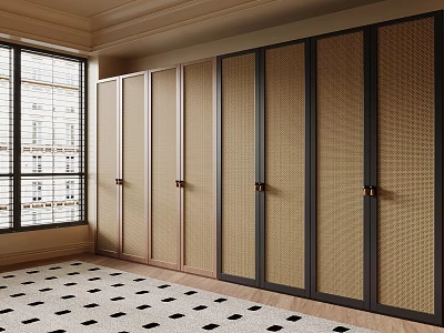 Modern Built in Wardrobe with Sliding Woven Doors Wooden Frame and Natural Light 3d model