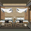 Cozy Hotel Guest Room With Twin Beds Wooden Decor White Canopies And Nightstands