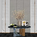 Elegant Console Table With Round Marble Top Metal Legs Decorative Yellow Flowers And Louvered Panels