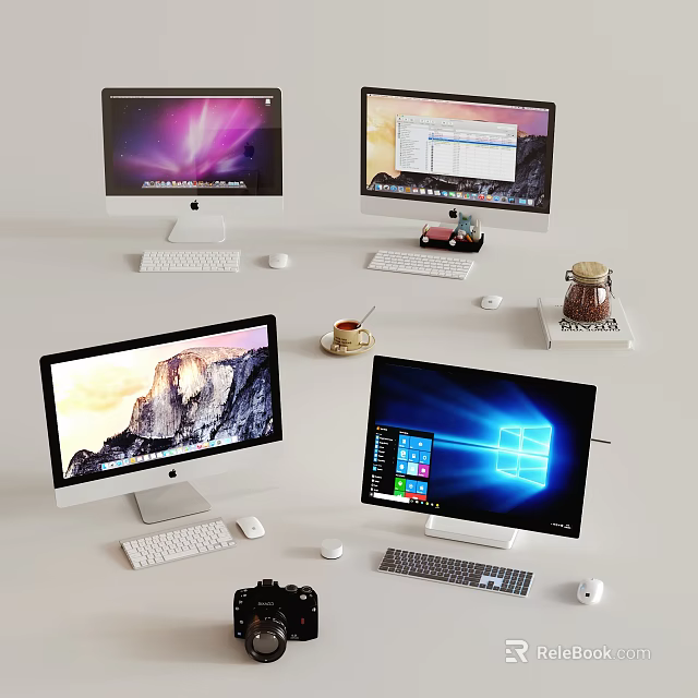 Multiple Desktop Monitors Running macOS and Windows with Keyboards and Mice on White Surface 3d model 